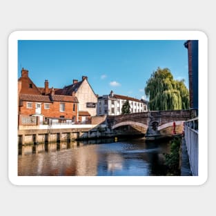 A view towards Fye Bridge and the Mischief pub, Norwich Sticker